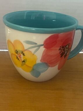 Pioneer Woman Ceramic Coffee Mug in Teal Interior and Multicolor Exterior